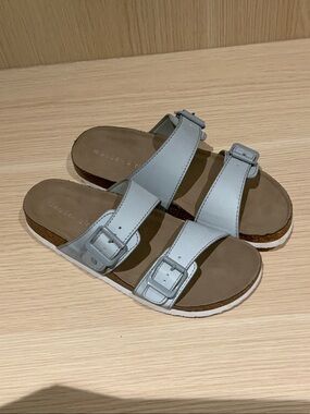 Madden Girl Pale Gray Double Buckle Slide Sandals